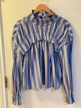Maison Cinqcent Women’s Blue & White Striped Ruffled High-Neck Blouse size L